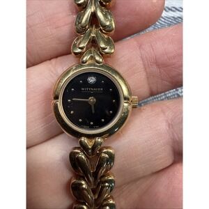 Wittnauer Women's Petite Gold Tone Watch Heart Bracelet Band Black Dial 19mm